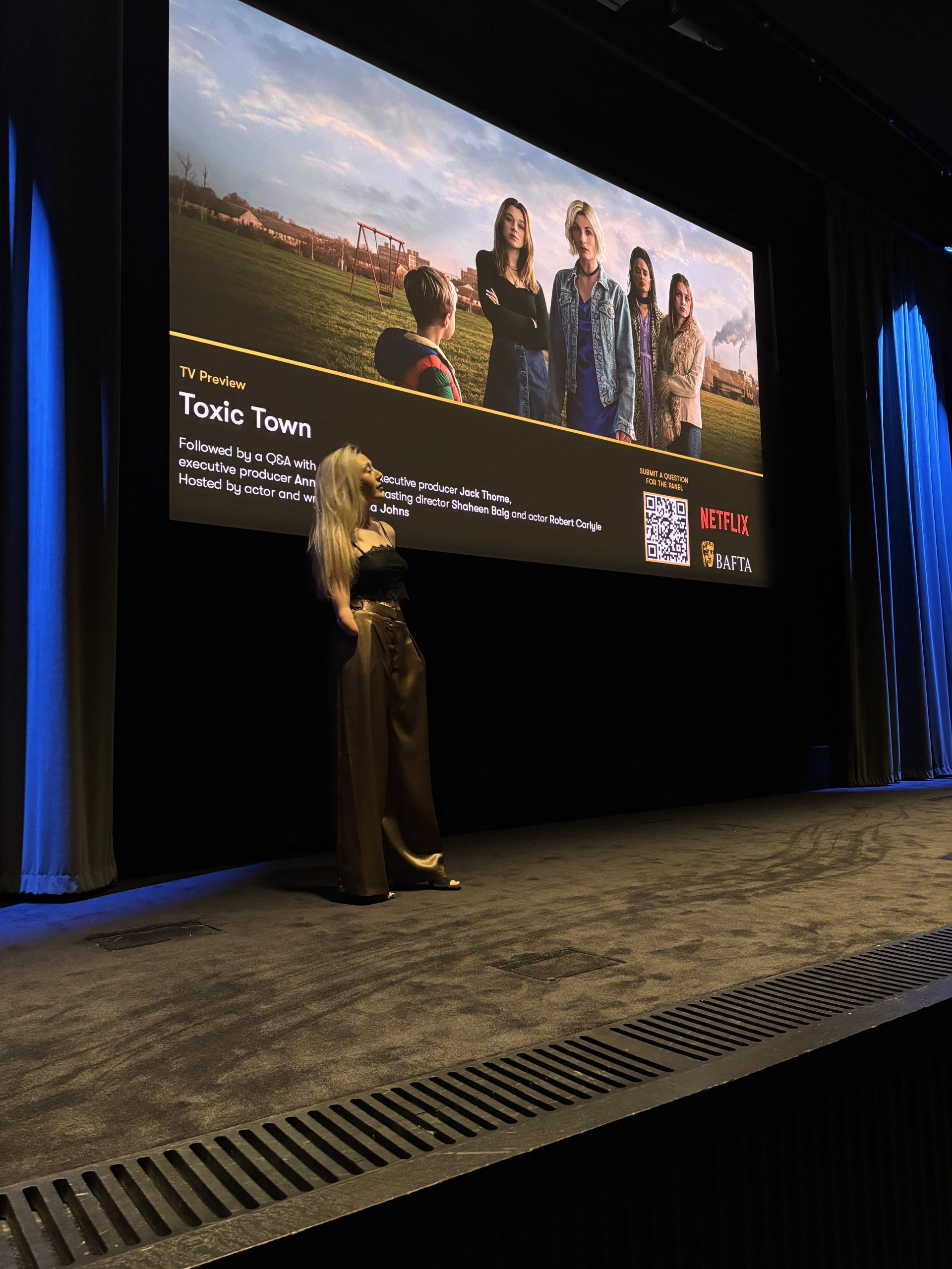 Melissa Johns on stage at the Toxic Town BAFTA Screening event night