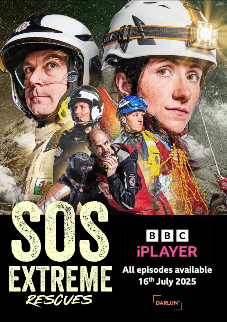 Poster for BBC series SOS Extreme Rescues with Max on the cover wearing a mountain rescue helmet beside other emergency series including search dog handler, search dog and fire service individual